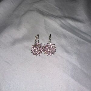 Silver Tone Pink Crystal Floral Hoop Earrings